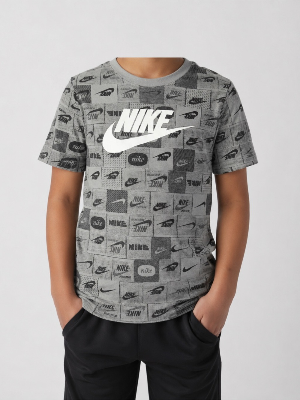 Nike The Nike Tee All Over Print Patchwork Logo Graphic T-Shirt Gray youth  L